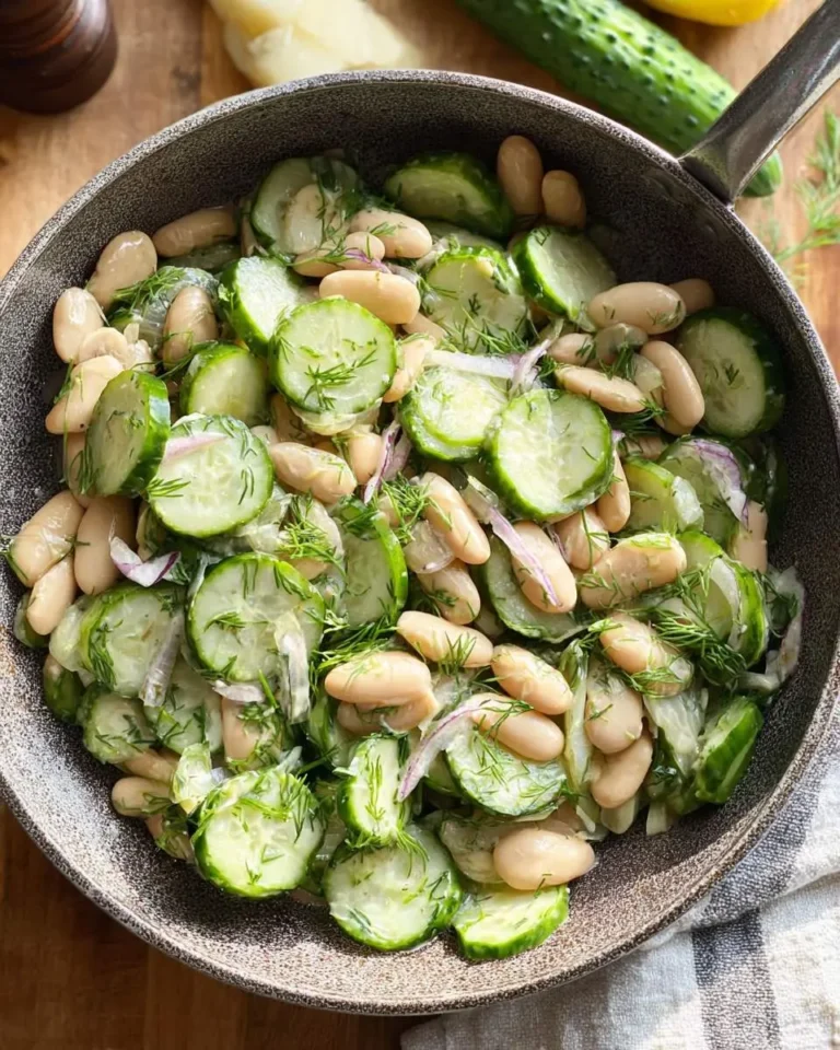 White Bean and Cucumber Dill Salad with creamy dressing, red onion, and fresh dill served in a rustic pan.