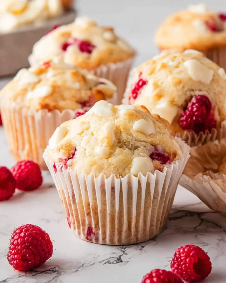 Freshly baked White Chocolate Raspberry Muffins with visible raspberries and white chocolate chunks on a marble surface.