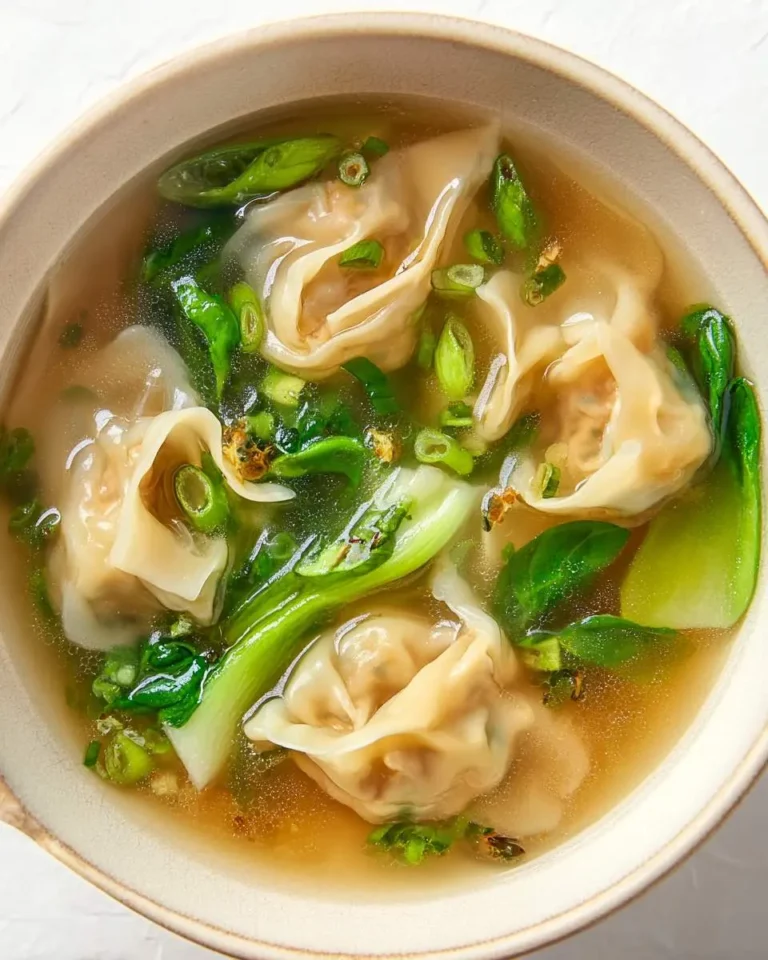 A warm bowl of Wonton Soup with delicate dumplings, fresh bok choy, and green onions in clear broth.