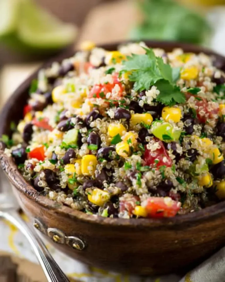 A colorful zesty black bean and corn quinoa salad served in a rustic wooden bowl, garnished with fresh cilantro.