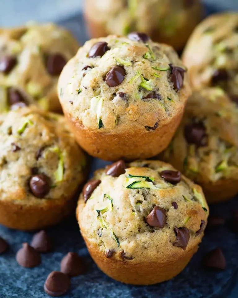 A stack of freshly baked zucchini chocolate chip muffins with visible green zucchini shreds and melted chocolate chips.