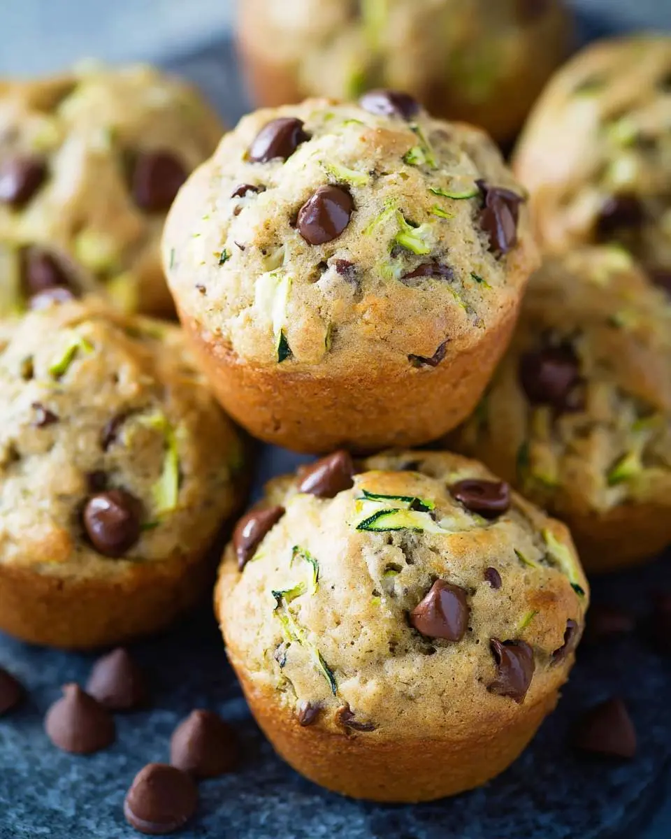 A stack of freshly baked zucchini chocolate chip muffins with visible green zucchini shreds and melted chocolate chips.