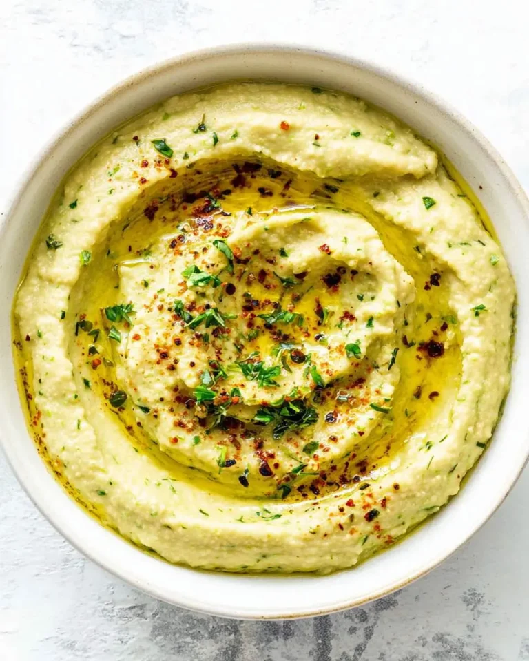 Creamy zucchini hummus in a white bowl, drizzled with olive oil and garnished with herbs and red pepper flakes.