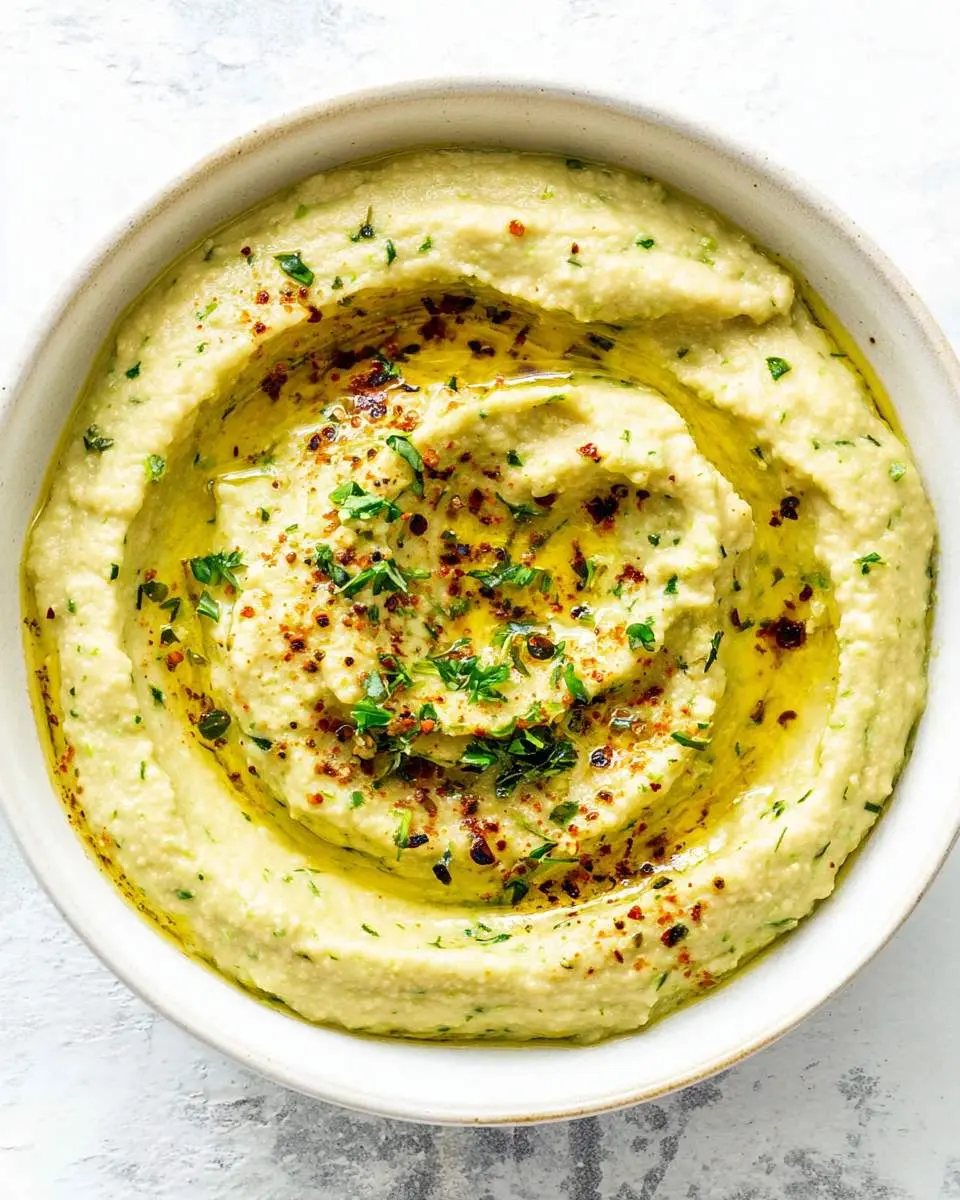 Creamy zucchini hummus in a white bowl, drizzled with olive oil and garnished with herbs and red pepper flakes.