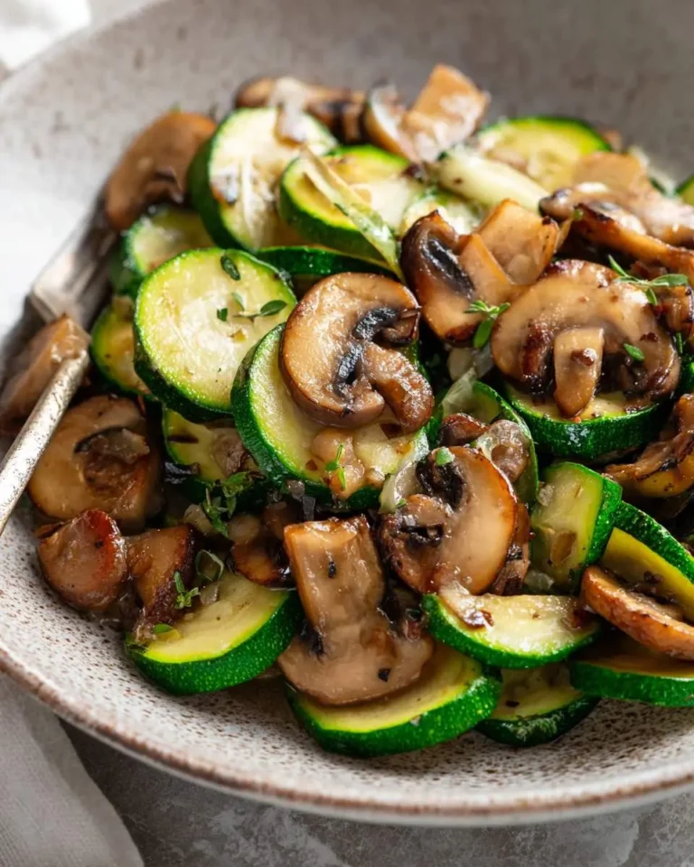 Sauteed zucchini and mushrooms in a ceramic skillet, garnished with fresh herbs.