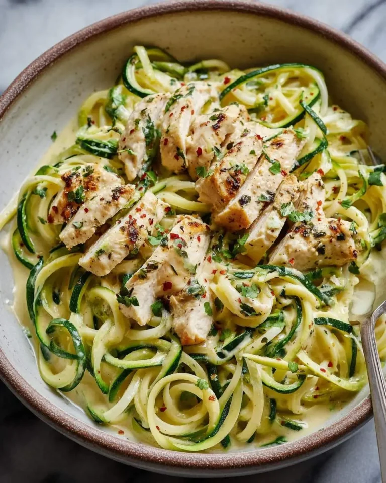 Creamy Zucchini Noodle Alfredo with Chicken in a rustic bowl, topped with herbs and red pepper flakes.