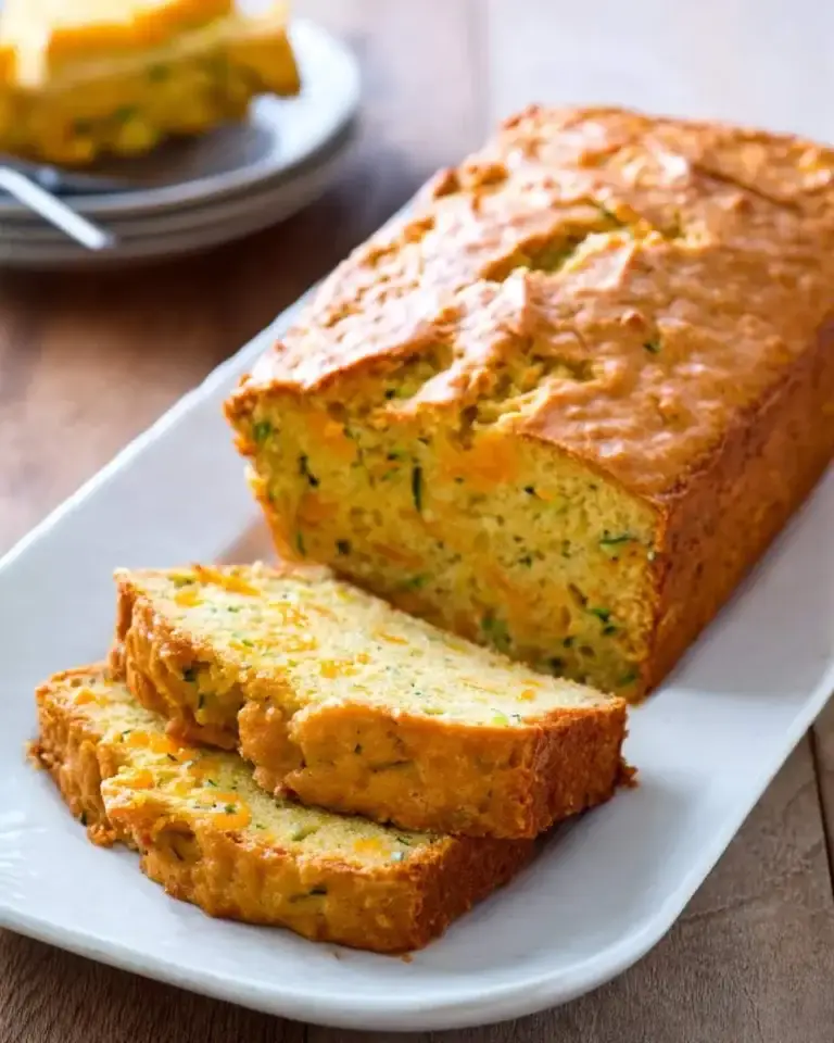 Freshly baked Zucchini Orange Bread loaf with two slices cut on a white serving plate.