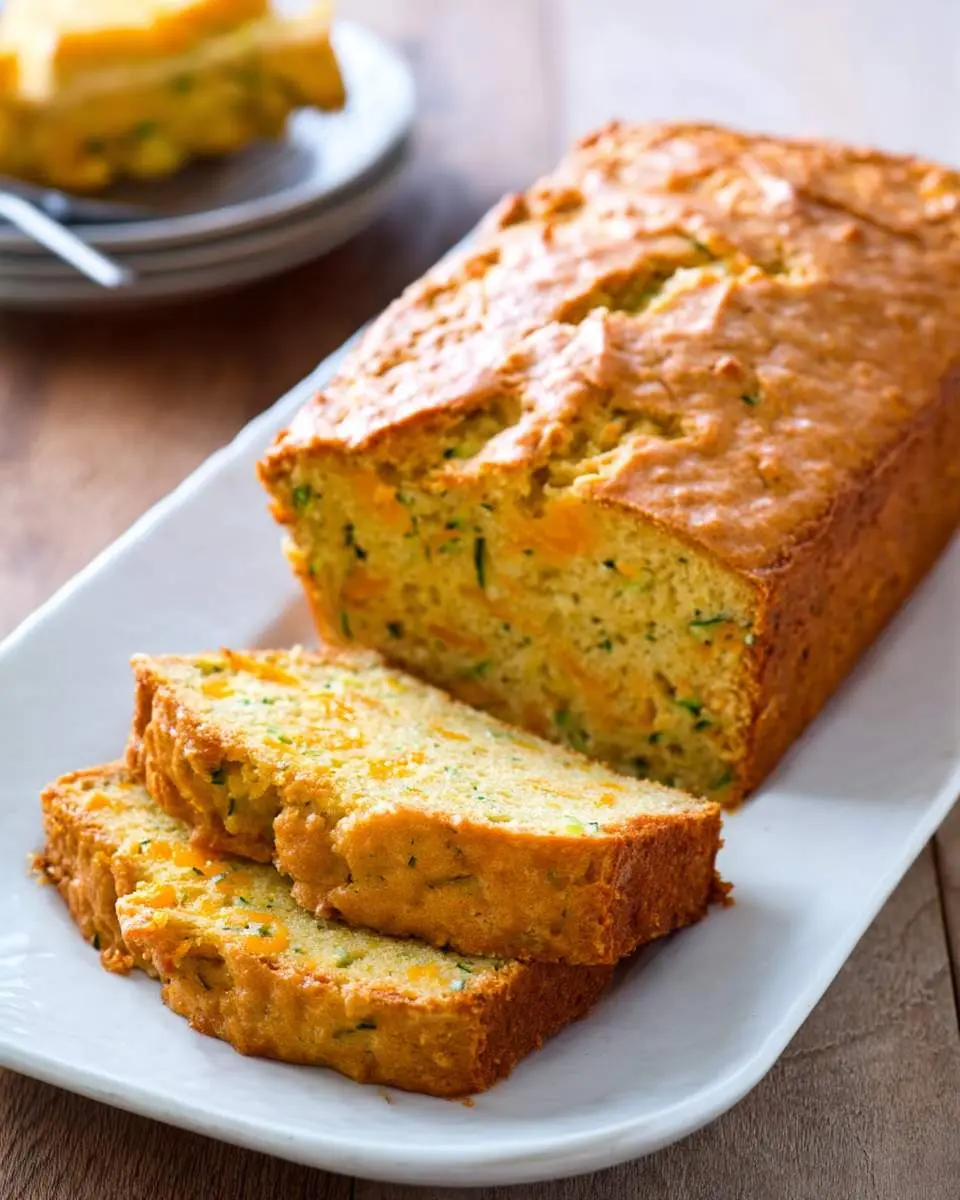 Freshly baked Zucchini Orange Bread loaf with two slices cut on a white serving plate.