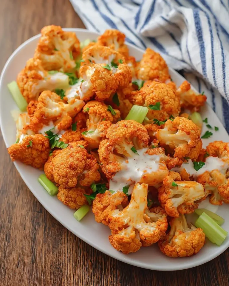 Air Fryer Buffalo Cauliflower served on a white plate with celery sticks and drizzled ranch dressing.