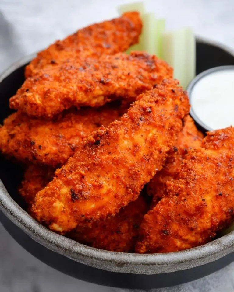 Crispy air fryer buffalo chicken tenders served in a black bowl with celery sticks and ranch dipping sauce.