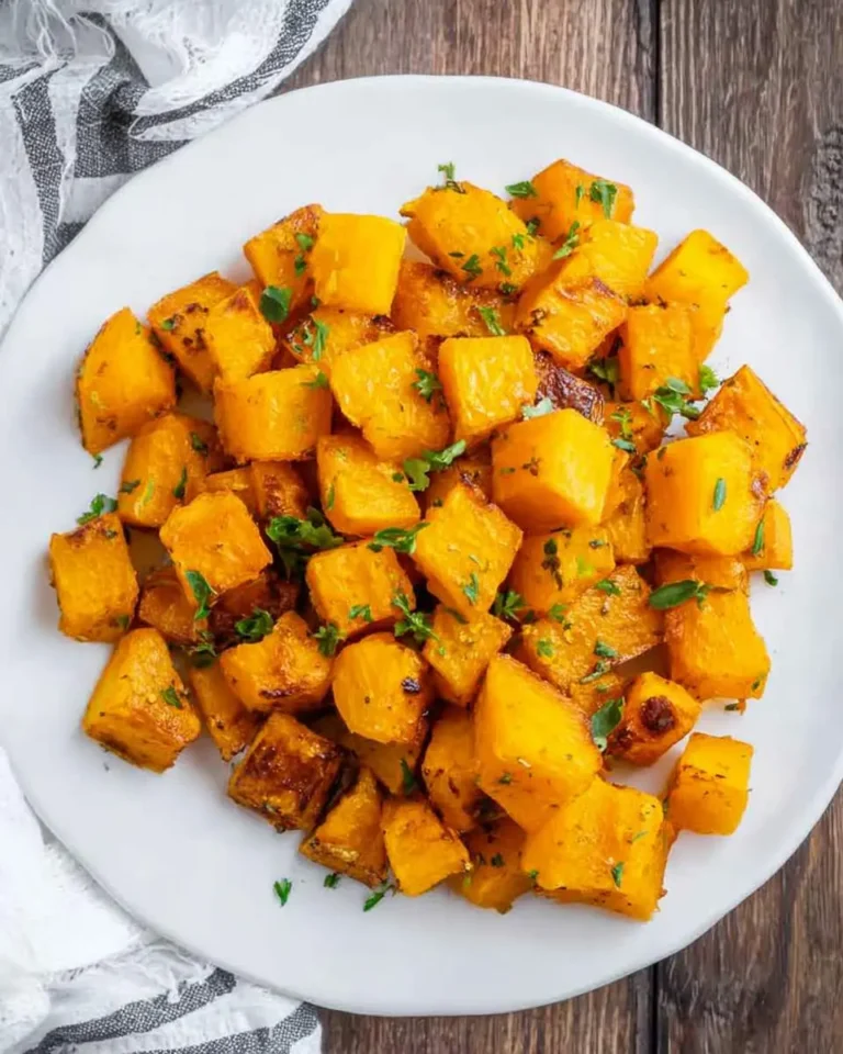 Golden brown air fryer butternut squash cubes topped with fresh herbs on a white plate.