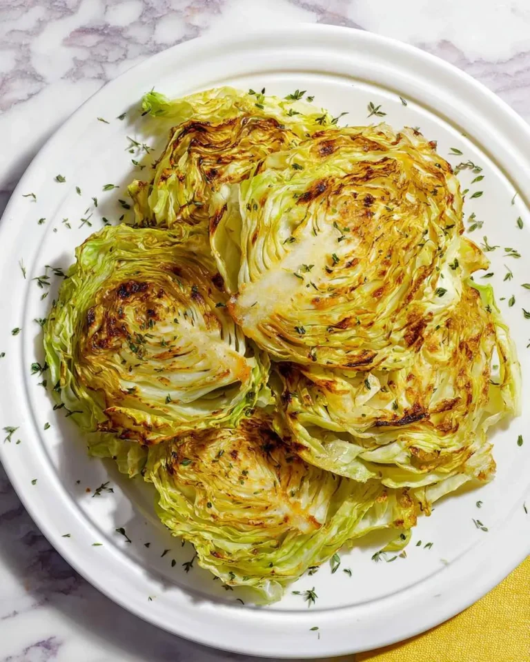 Golden brown air fryer cabbage steaks arranged on a white plate, garnished with fresh herbs.