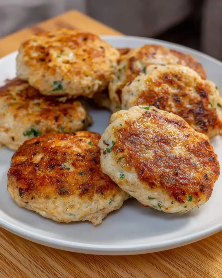 Golden brown air fryer chicken patties recipe served on a white plate, garnished with fresh herbs.