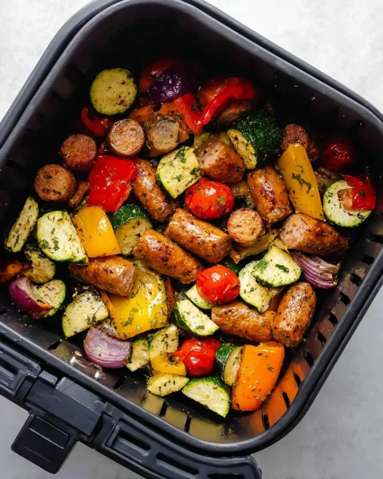 Air Fryer Chicken Sausage and Veggies with colorful bell peppers, zucchini, tomatoes, and onions in a black air fryer basket.