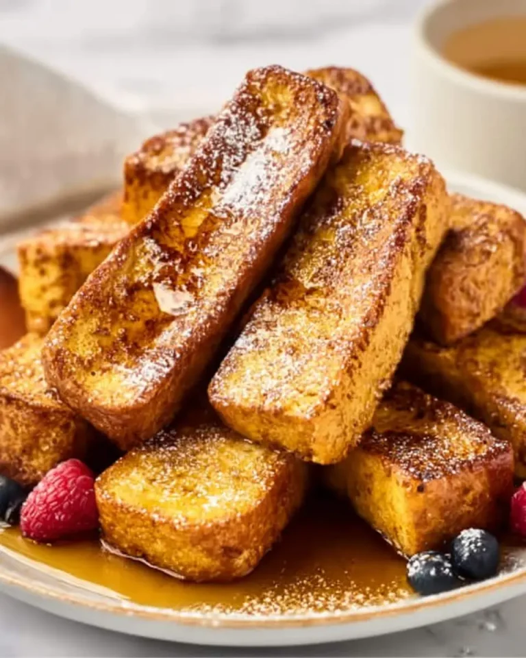 Golden brown Air Fryer French Toast Sticks stacked on a plate with maple syrup, fresh berries, and powdered sugar.