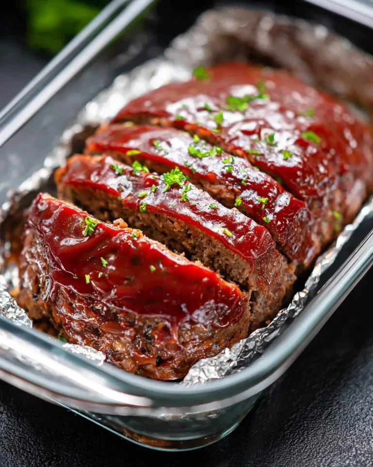 Sliced Air Fryer Meatloaf Recipe with glossy ketchup glaze and fresh parsley in a glass baking dish.