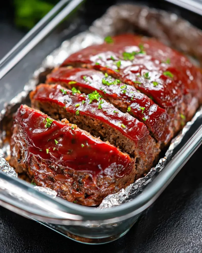 Sliced Air Fryer Meatloaf Recipe with glossy ketchup glaze and fresh parsley in a glass baking dish.