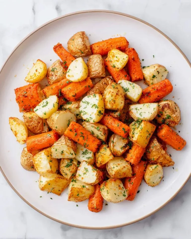 Golden crispy Air Fryer Potatoes and Carrots seasoned with herbs, served on a white plate.