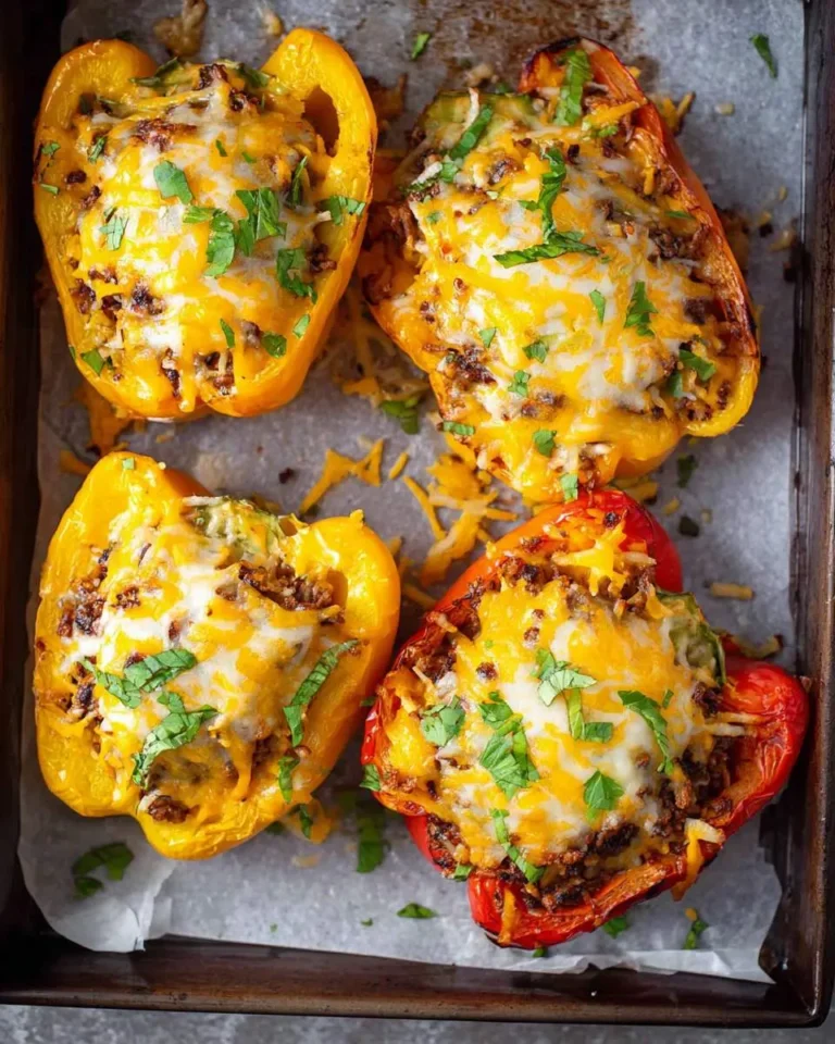 Four Air Fryer Stuffed Peppers topped with melted cheese and fresh herbs on a baking sheet.