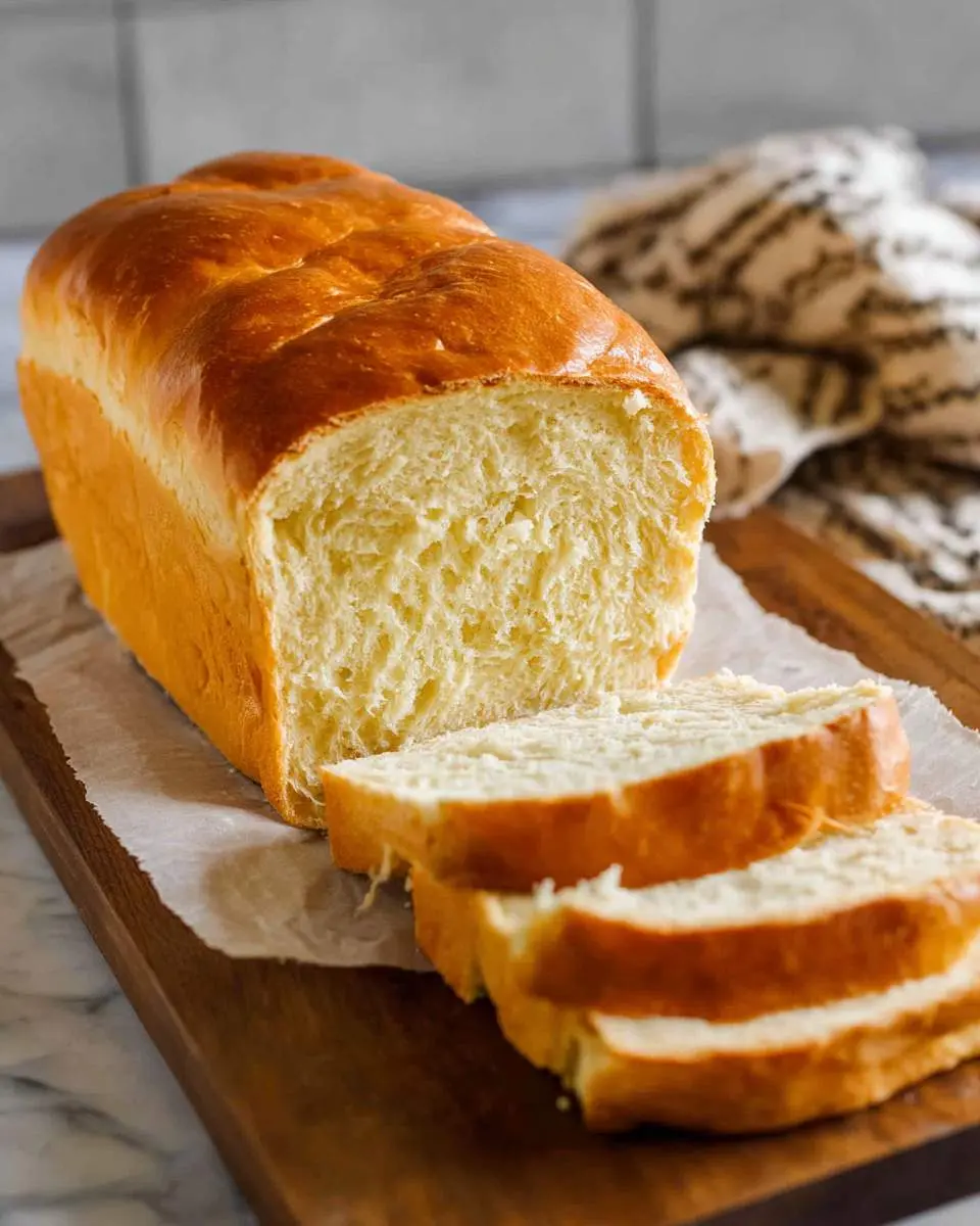 A freshly baked loaf of Amish White Bread with a golden crust and soft interior, sliced on a wooden cutting board.