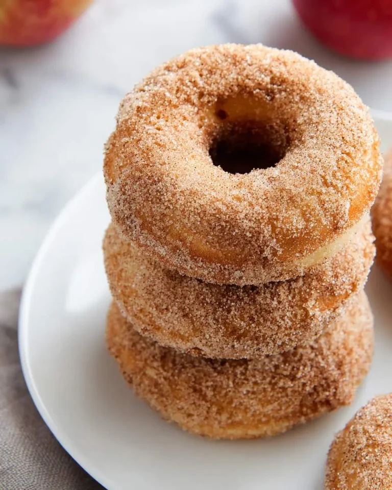 Stack of three cinnamon sugar coated Apple Cider Donuts on a white plate with apples in background.