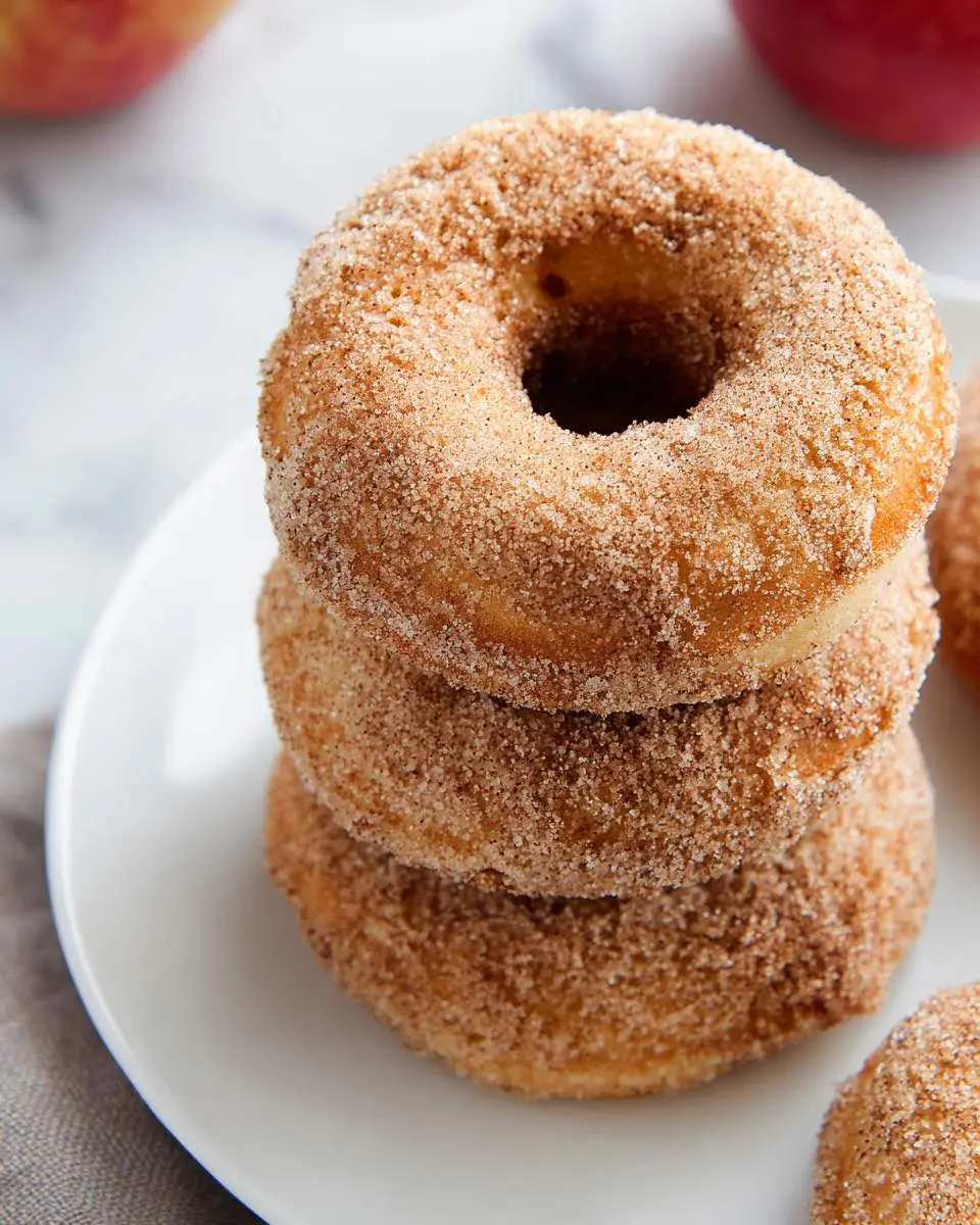 Stack of three cinnamon sugar coated Apple Cider Donuts on a white plate with apples in background.