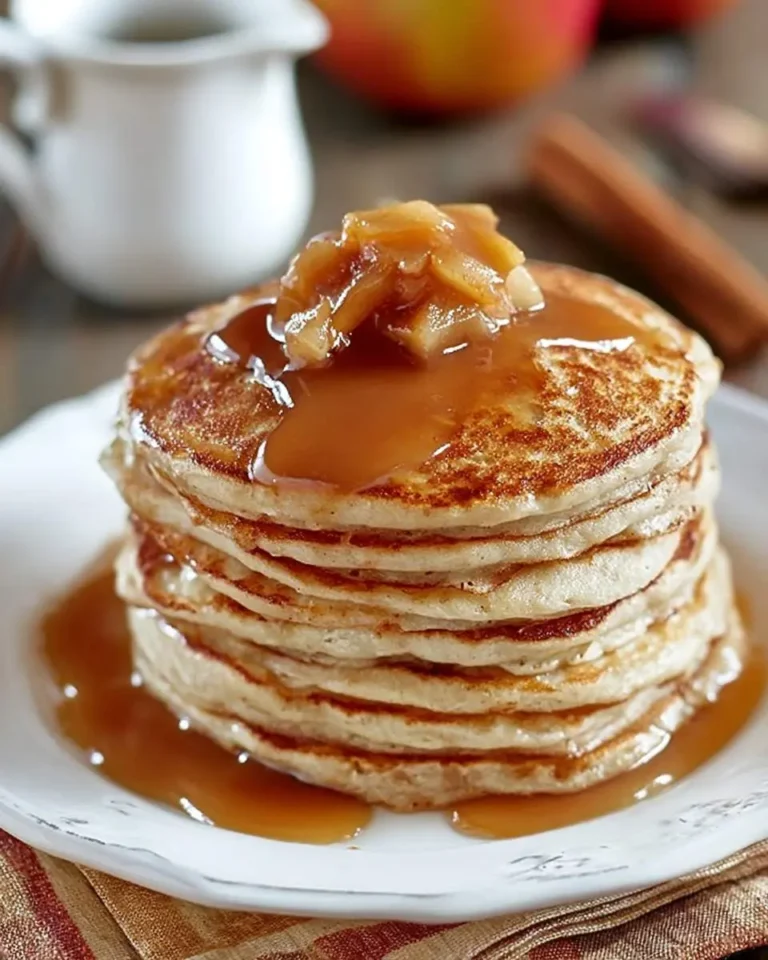 A tall stack of golden-brown Applesauce Pancakes topped with caramel sauce and chunky apple compote on a white plate.