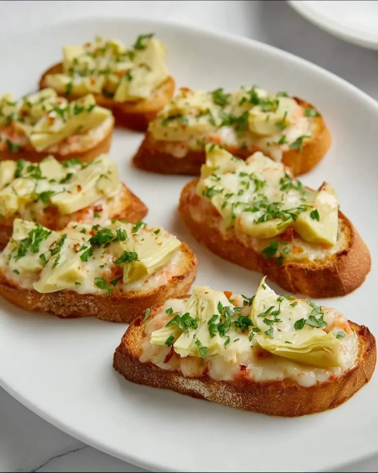 Artichoke bruschetta appetizers topped with melted cheese, fresh herbs, and red pepper flakes on a white plate.