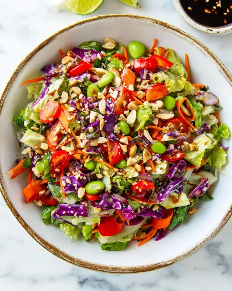 Colorful Asian Chopped Salad with edamame, red cabbage, carrots, peppers, and peanuts in a white bowl.