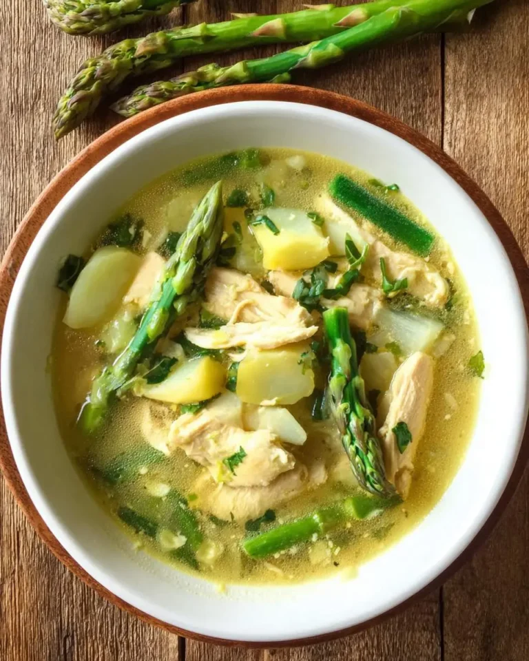 A bowl of Asparagus Chicken Soup with tender chicken, potatoes, and fresh asparagus spears in a golden broth.