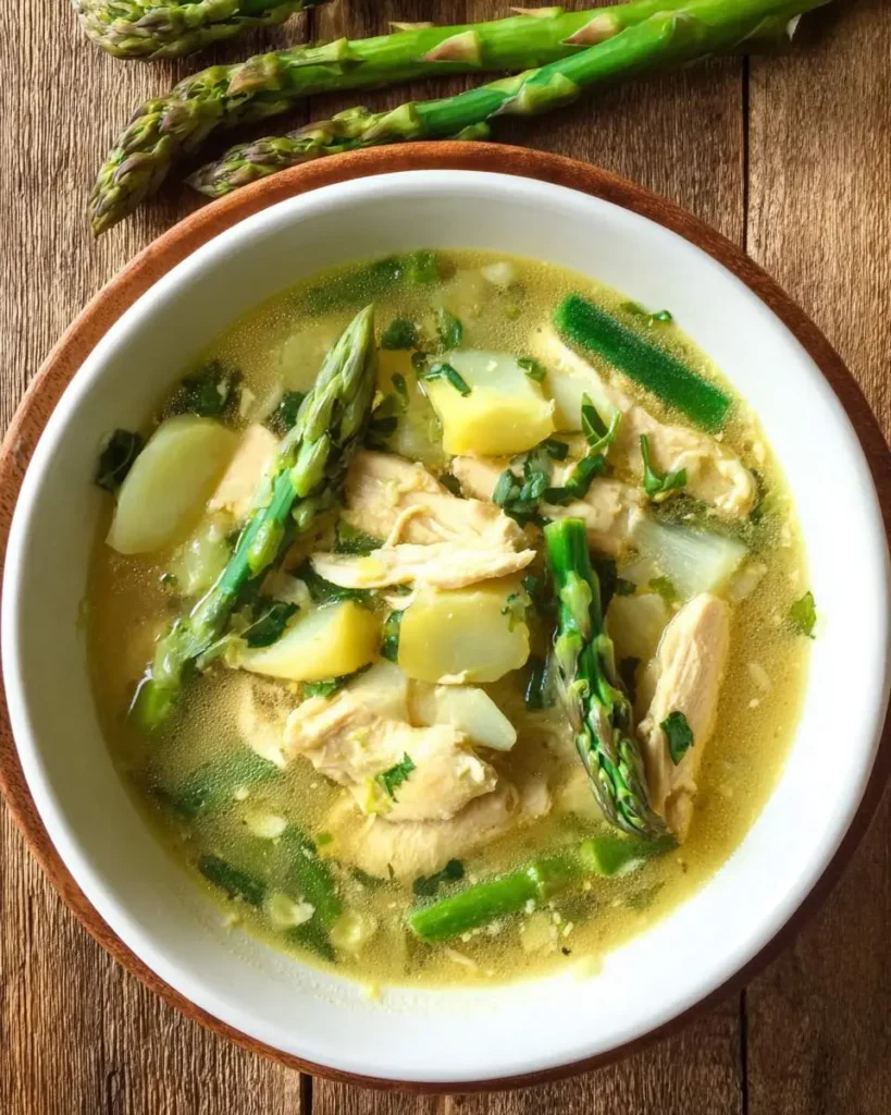 A bowl of Asparagus Chicken Soup with tender chicken, potatoes, and fresh asparagus spears in a golden broth.