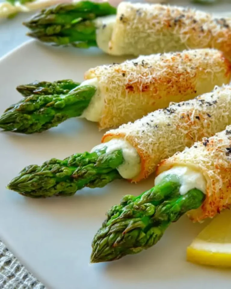 Golden baked Asparagus Rolls wrapped in crispy pastry with melted cheese, arranged on a white plate with lemon wedge.