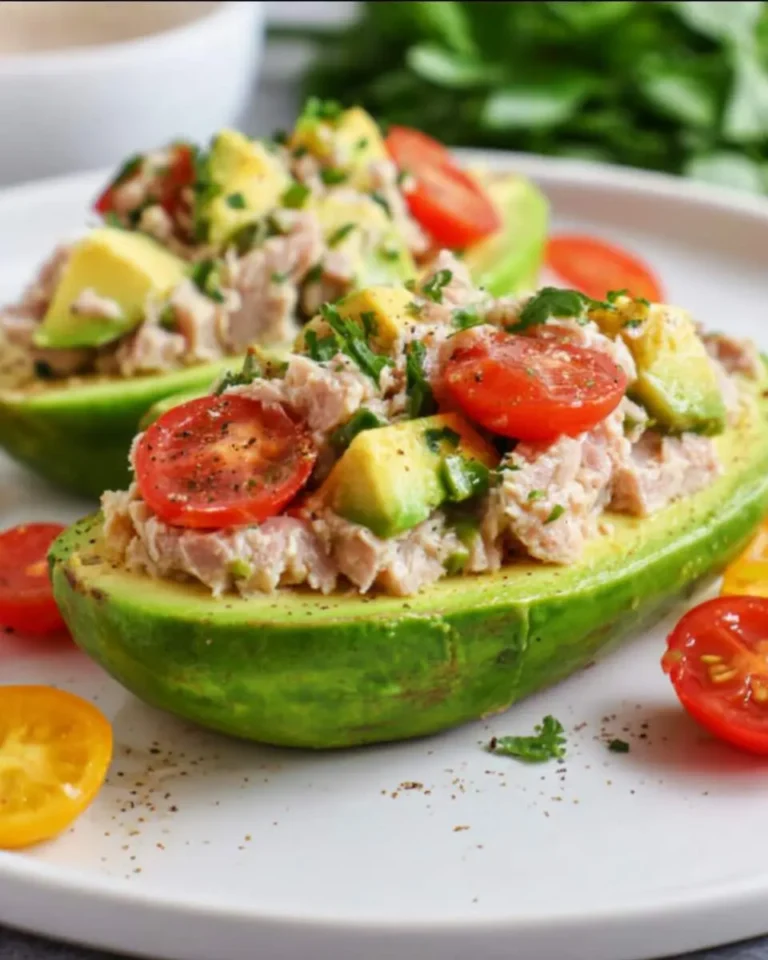 Avocado and Tuna Tapas served in halved avocados topped with cherry tomatoes and fresh herbs on a white plate.