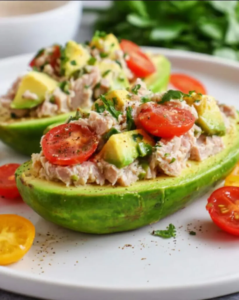Avocado and Tuna Tapas served in halved avocados topped with cherry tomatoes and fresh herbs on a white plate.