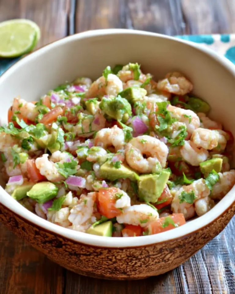 A bowl of fresh Avocado Shrimp Ceviche with diced tomatoes, red onion, and cilantro served on a wooden table.