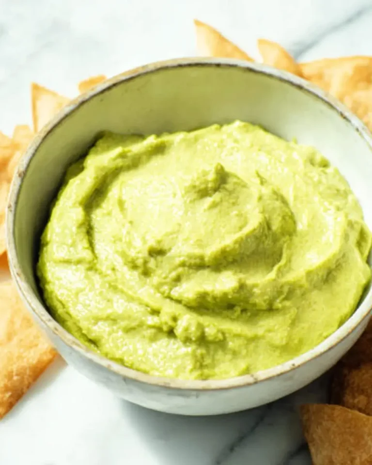 Creamy Avocado Yogurt Dip served in a ceramic bowl with crispy pita chips on a marble surface.