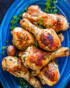 Golden Baked Chicken Legs with Garlic and Dijon arranged on a blue plate with fresh herbs.