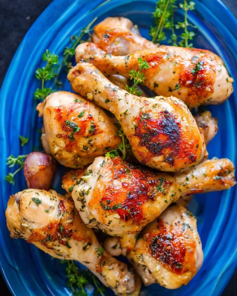 Golden Baked Chicken Legs with Garlic and Dijon arranged on a blue plate with fresh herbs.