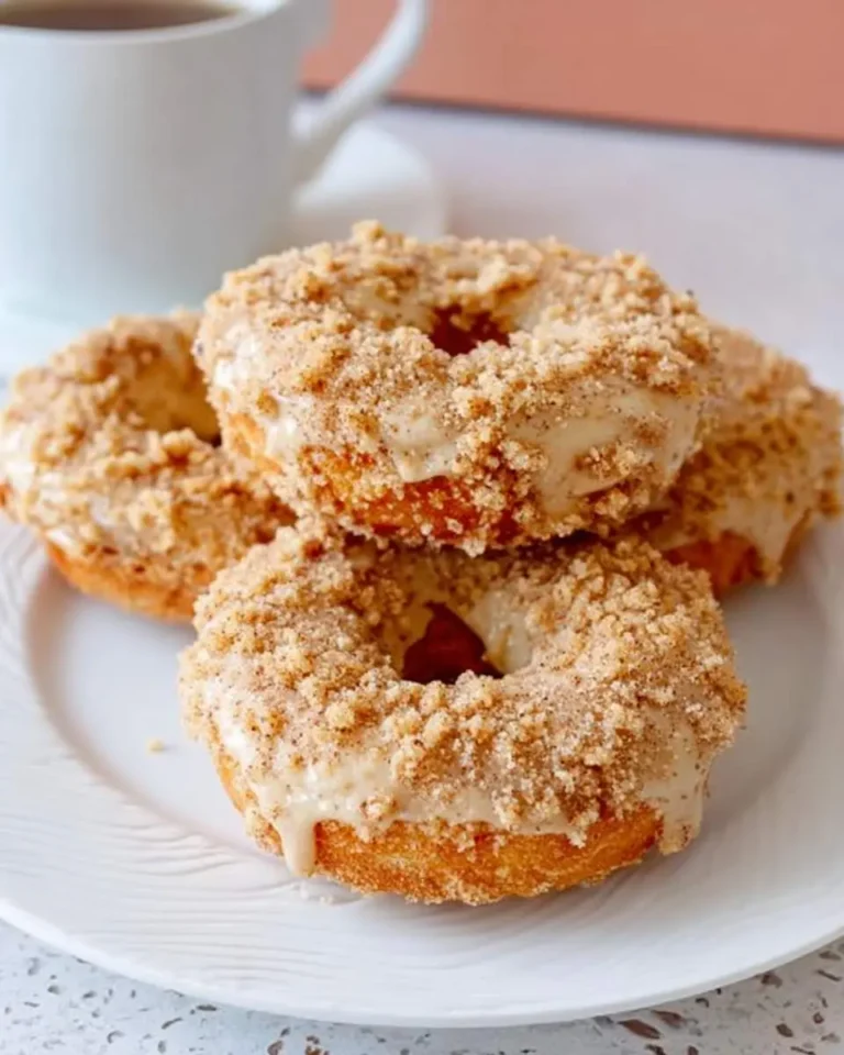 Stack of Baked Cinnamon Crumb Donuts with glaze and streusel topping on a white plate with coffee.