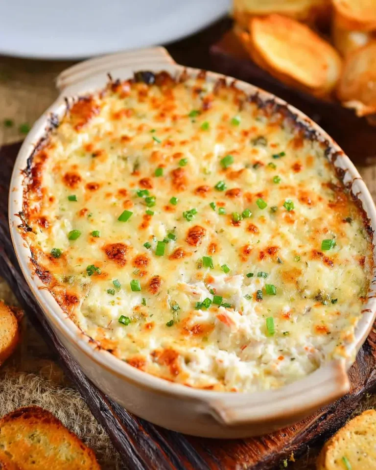Baked Crab Dip in an oval ceramic dish topped with melted cheese, golden brown spots, and fresh chives, surrounded by toasted bread slices.