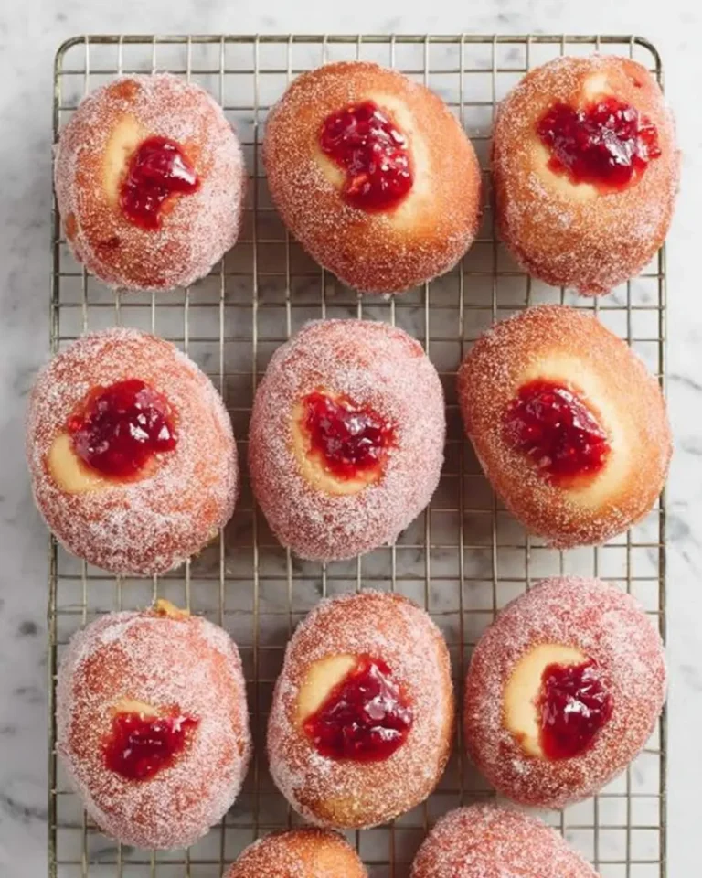 Nine Baked Jelly Donuts with Strawberry Jam arranged on a cooling rack, coated in sugar with red jam centers.
