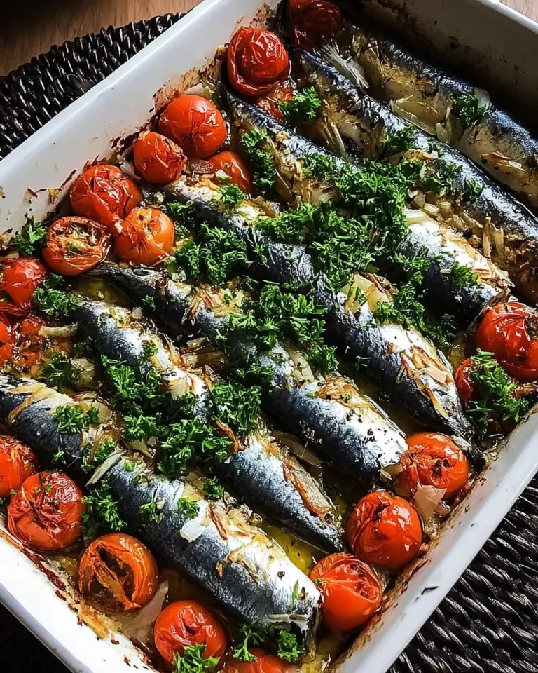 Baked Mediterranean Sardines with roasted cherry tomatoes, fresh herbs, and onions in a white ceramic baking dish.