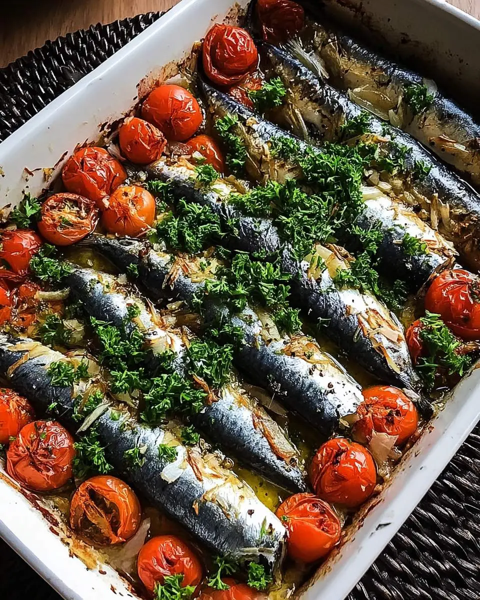 Baked Mediterranean Sardines with roasted cherry tomatoes, fresh herbs, and onions in a white ceramic baking dish.