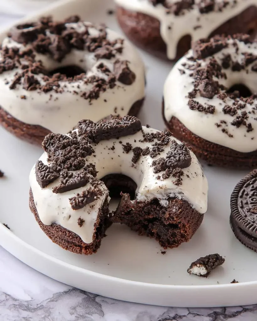 Baked Oreo Donuts with white glaze and cookie crumbles on a white plate, one with a bite taken out.