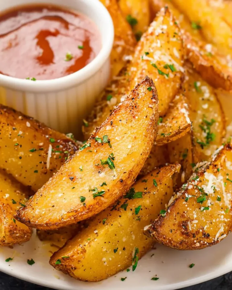 Golden crispy baked potato wedges topped with parmesan and herbs, served with ketchup.