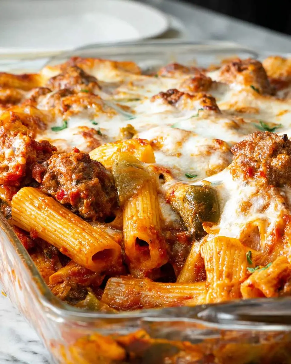 A glass baking dish filled with cheesy Baked Rigatoni and Sausage, topped with melted mozzarella and fresh herbs.