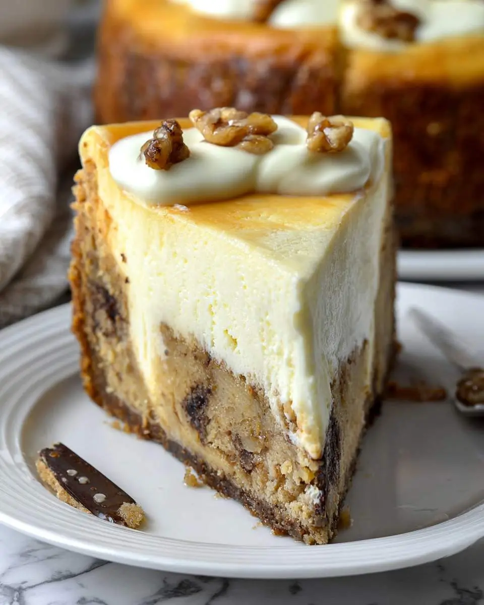 A slice of layered Banana Bread Cheesecake topped with cream and walnuts on a white plate.