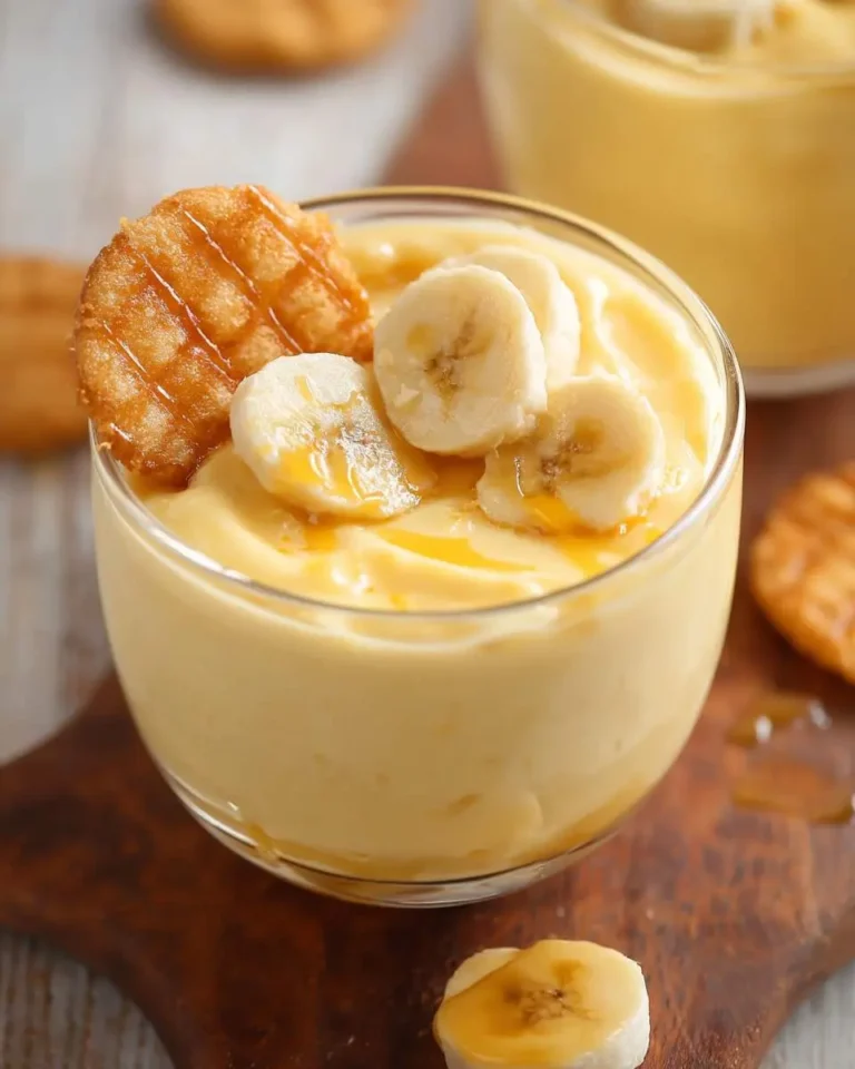 Creamy Banana Custard in a glass topped with fresh banana slices, a caramel drizzled cookie, and honey drizzle.