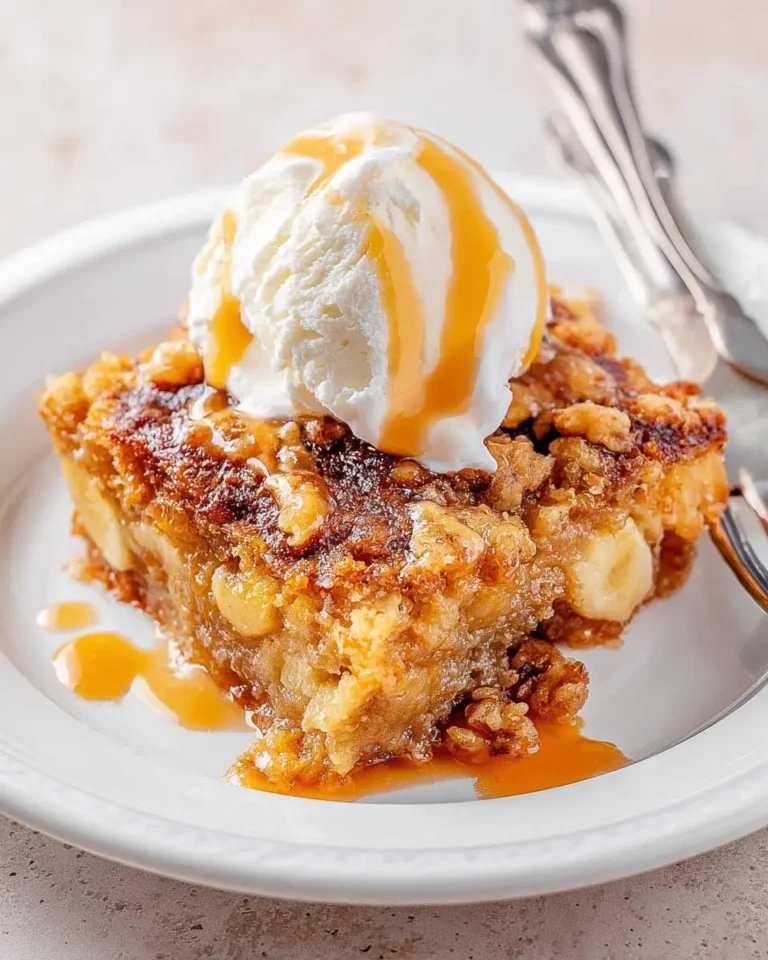 A warm slice of Banana Dump Cake topped with vanilla ice cream and caramel drizzle on a white plate.
