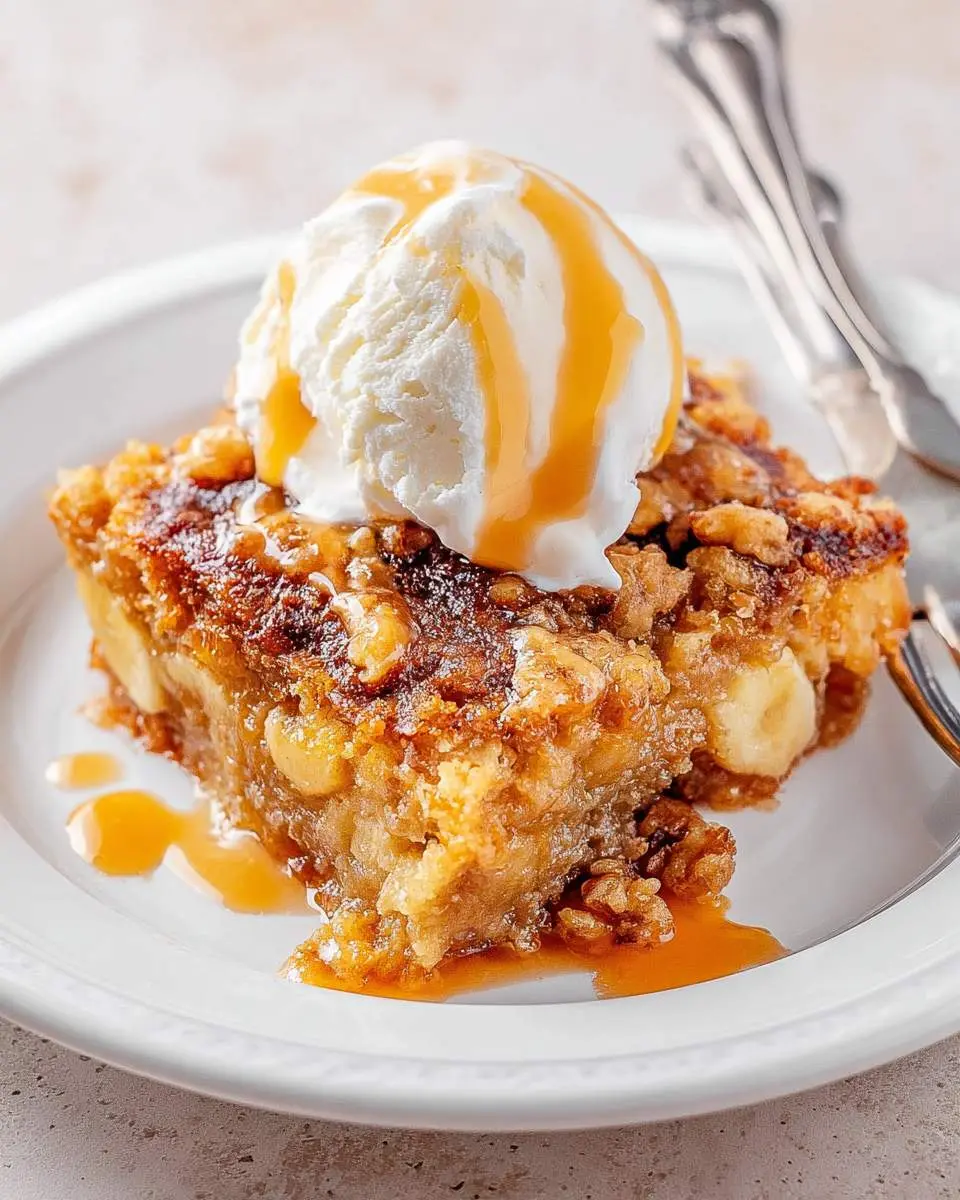 A warm slice of Banana Dump Cake topped with vanilla ice cream and caramel drizzle on a white plate.